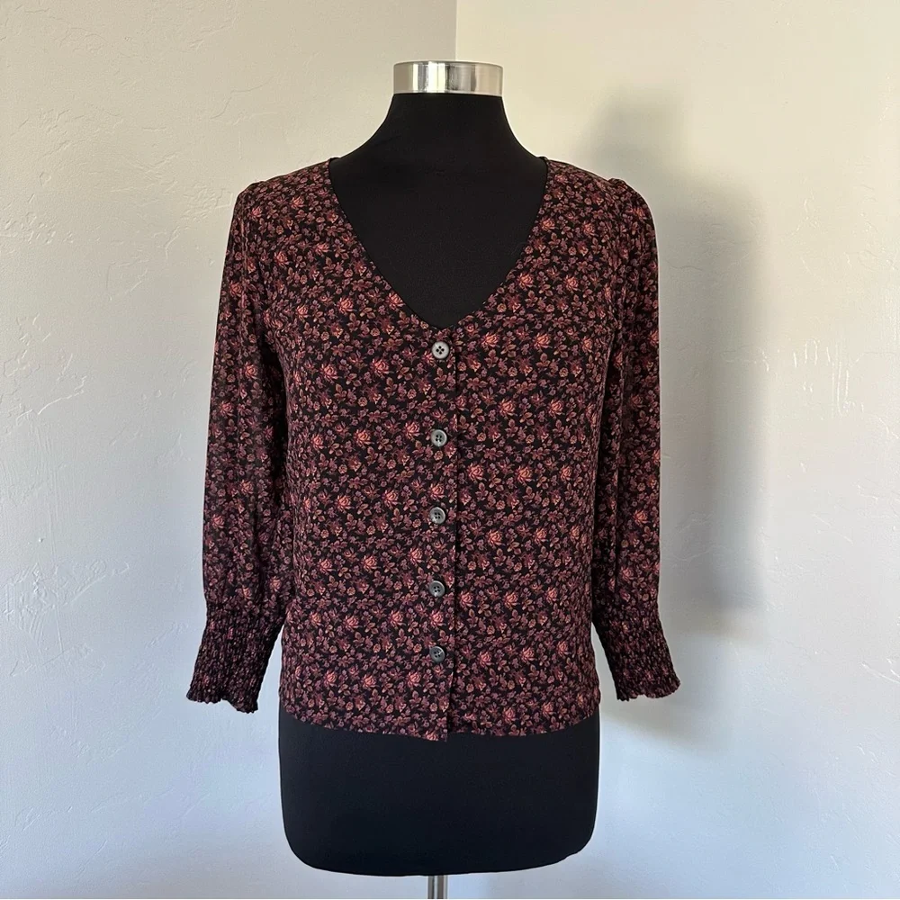 Madewell Georgette Smocked Cuff Button Front Top In Orchid Floral Blouse Size 2 - Picture 3 of 14